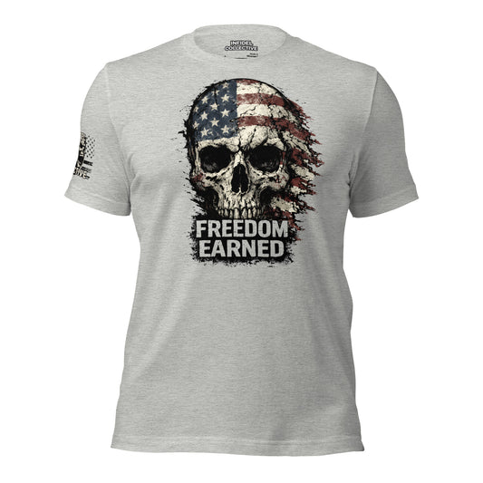 Gray t-shirt with a skull design and 'Freedom Earned' text on a white background