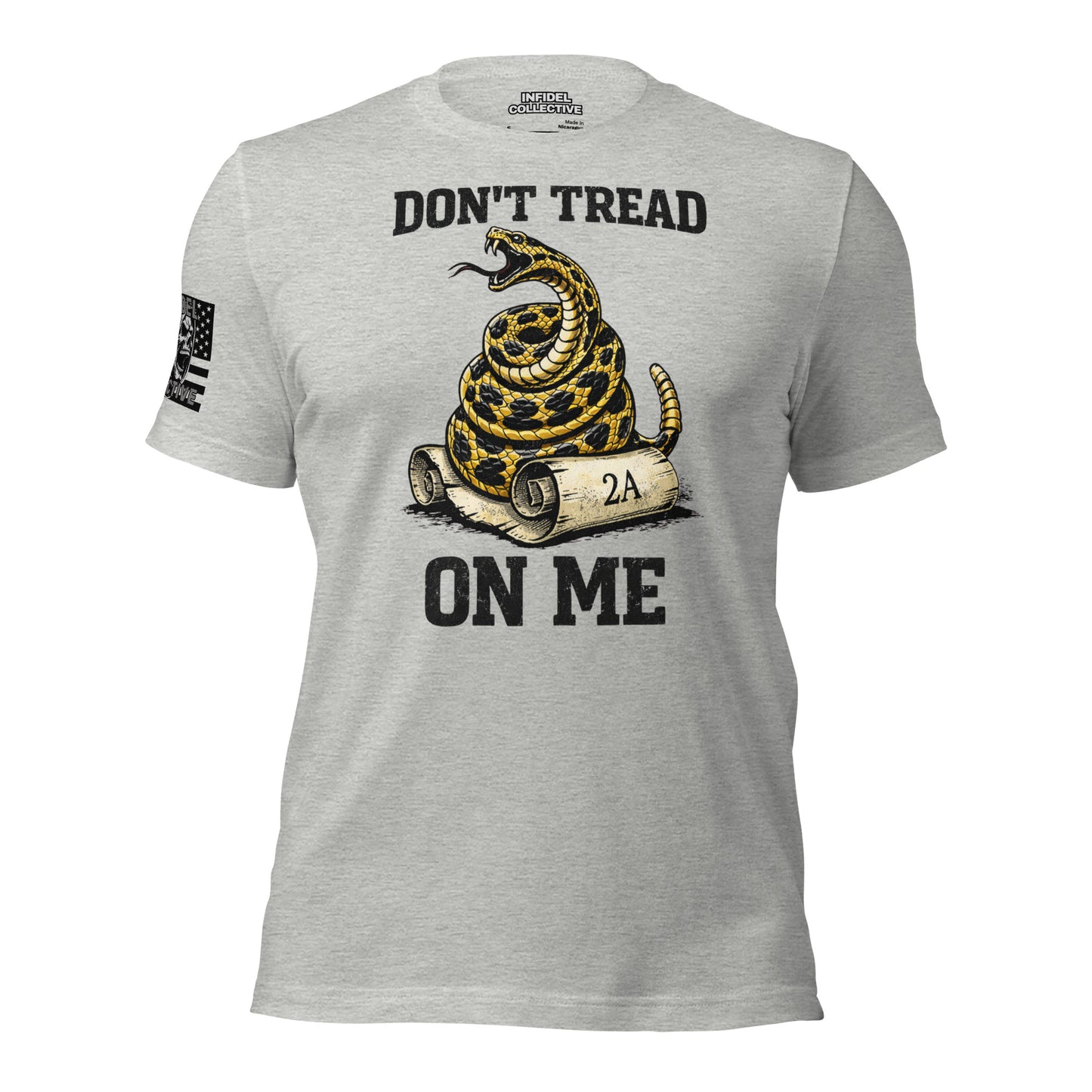 Gray t-shirt with a snake graphic and text 'Don't Tread on Me' on a white background