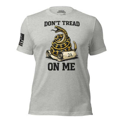 Gray t-shirt with a snake graphic and text 'Don't Tread on Me' on a white background