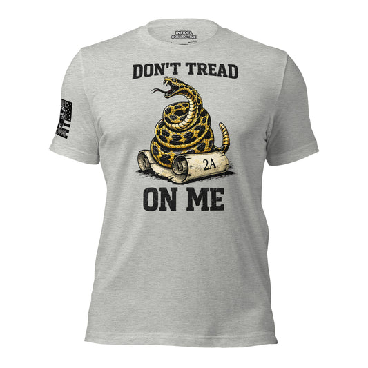Gray t-shirt with a snake graphic and text 'Don't Tread on Me' on a white background