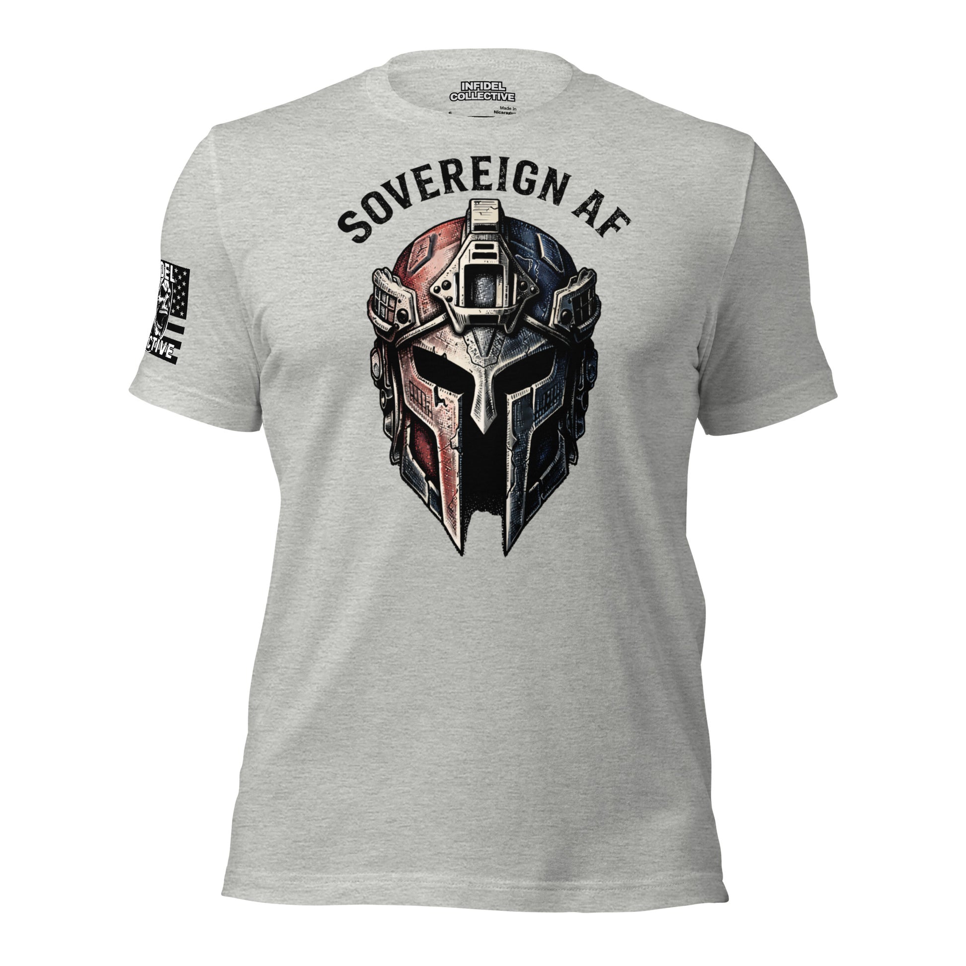 Ghosted mockup of Gray t-shirt with Spartan helmet graphic and 'Sovereign AF' text on a white background