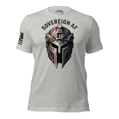 Ghosted mockup of Gray t-shirt with Spartan helmet graphic and 'Sovereign AF' text on a white background