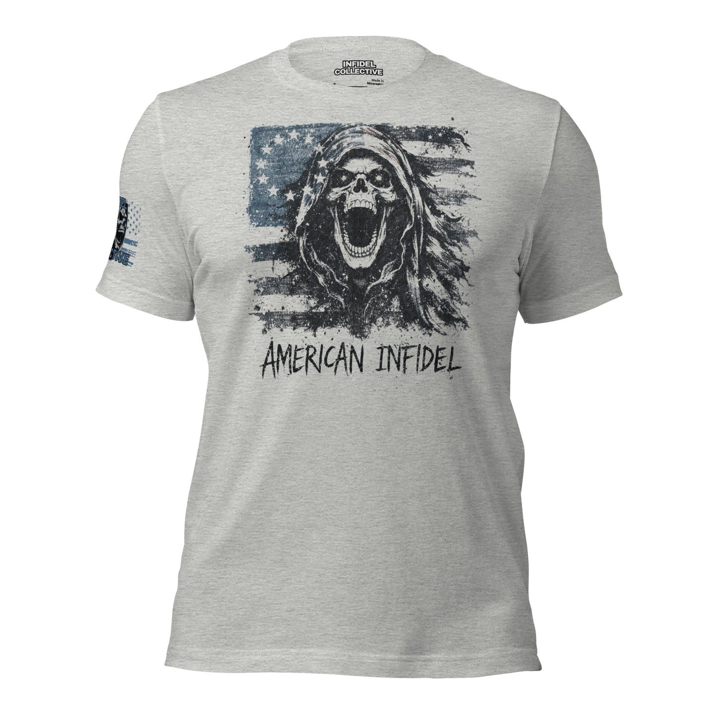 Gray t-shirt with a graphic design of a skull and American flag, labeled 'American Infidel', on a white background.