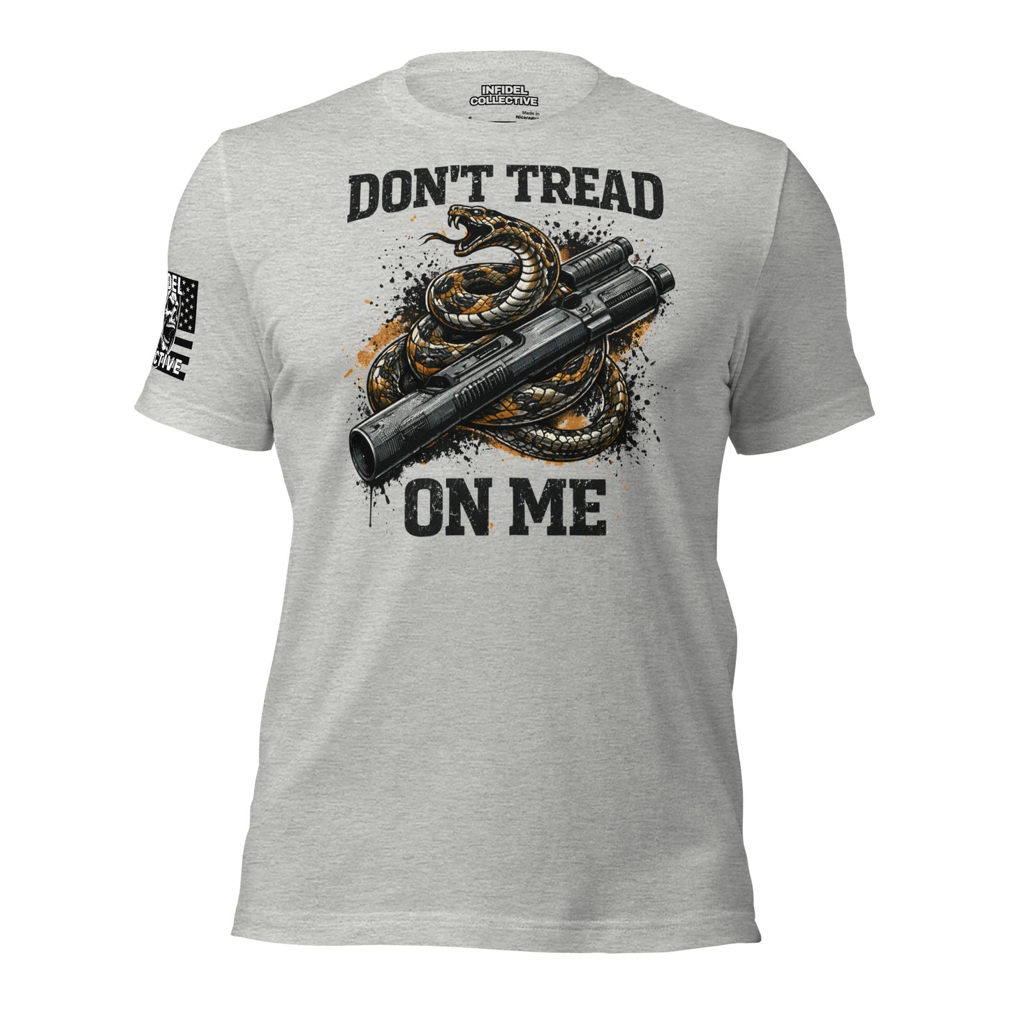Gray t-shirt with snake and gun graphic and 'Don't Tread on Me' text on a white background