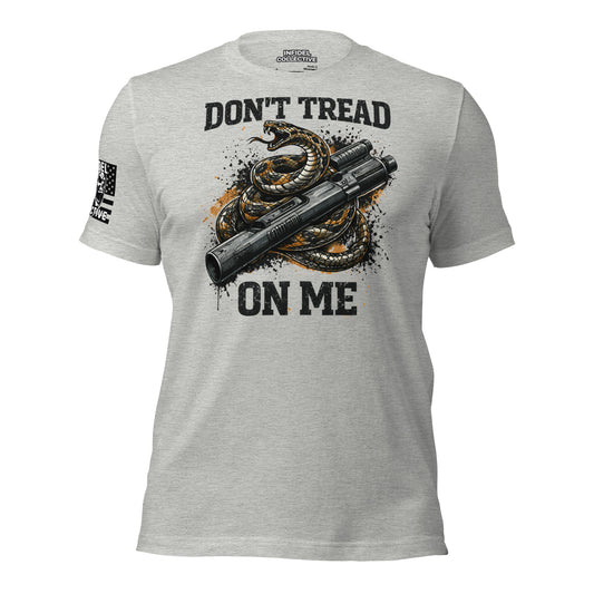 Gray t-shirt with snake and gun graphic and 'Don't Tread on Me' text on a white background