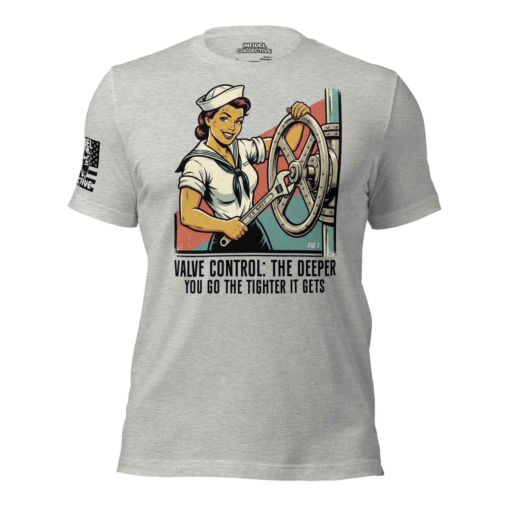 Gray t-shirt with graphic design of a woman operating a valve and text on a white background