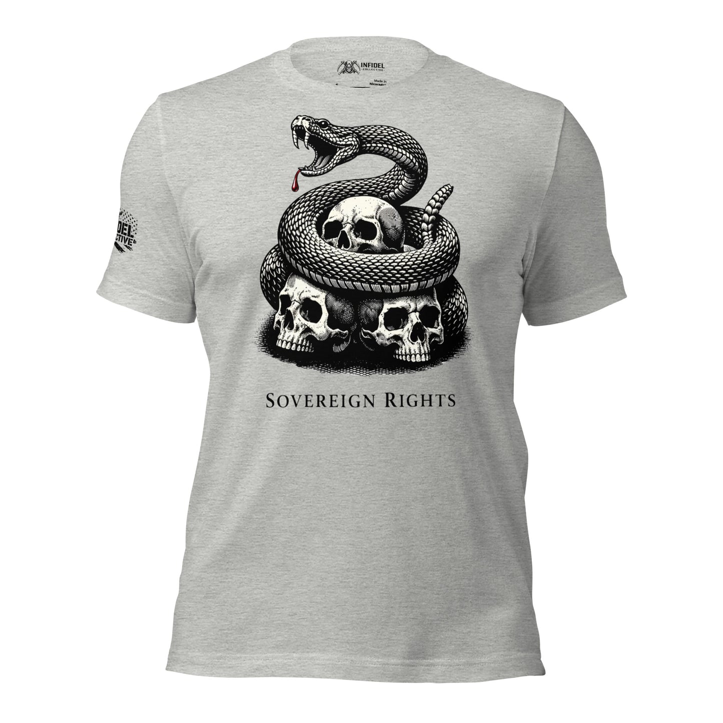 Gray t-shirt with a snake and skull design and 'Sovereign Rights' text on a white background