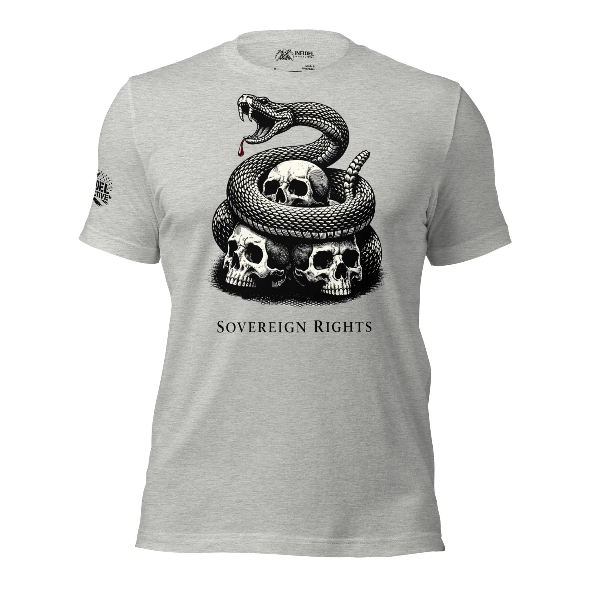 Gray t-shirt with a snake and skull design and 'Sovereign Rights' text on a white background