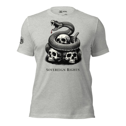 Gray t-shirt with a snake and skull design and 'Sovereign Rights' text on a white background