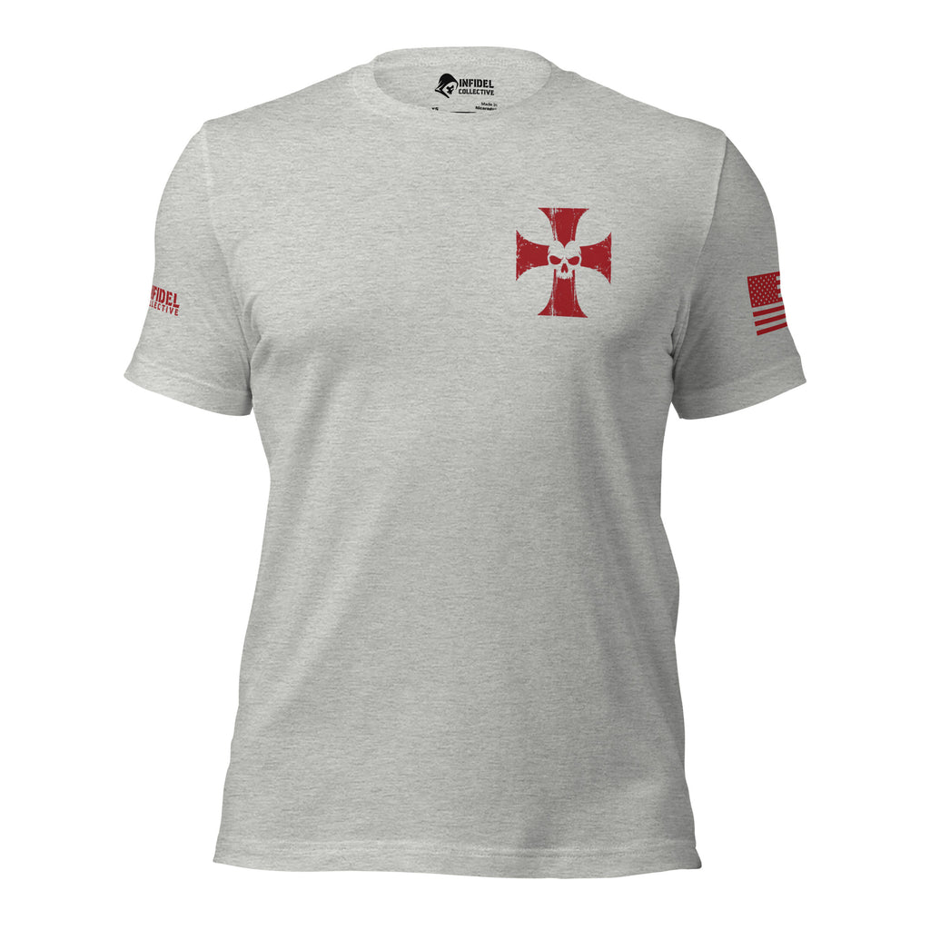 Front view of athletic heather gray tee with small red cross and skull on the left chest