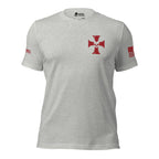 Front view of athletic heather gray tee with small red cross and skull on the left chest
