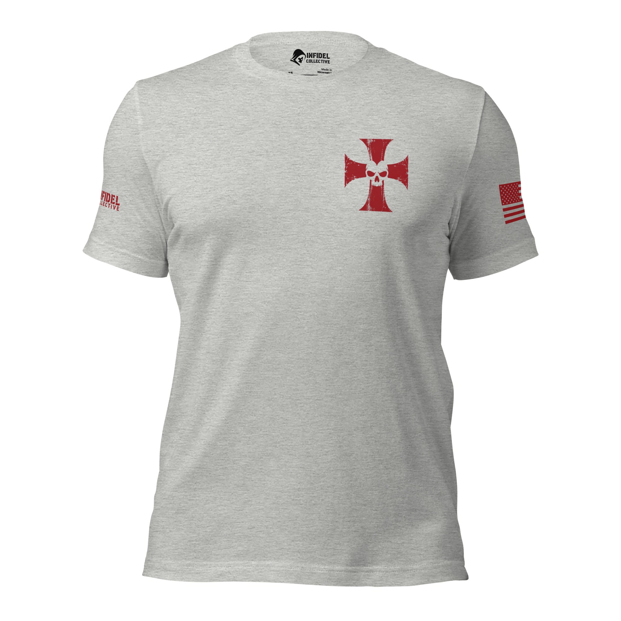 Front view of athletic heather gray tee with small red cross and skull on the left chest