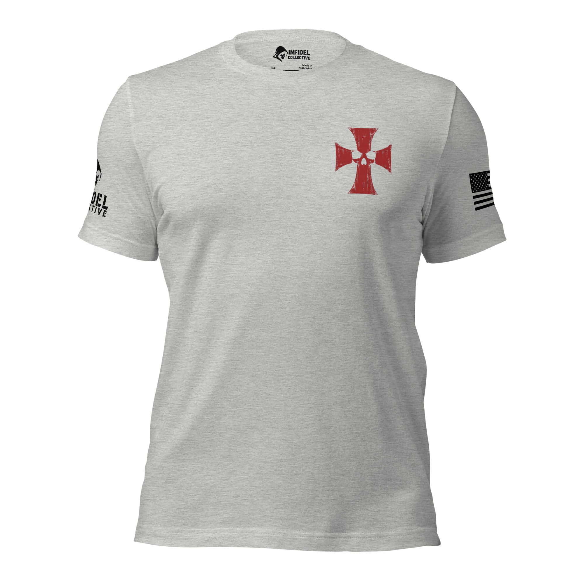 A light heather gray short-sleeve t-shirt with a red Maltese cross on the left chest, a black distressed American flag on the right sleeve, and black text on the left sleeve, shown on a plain white background.