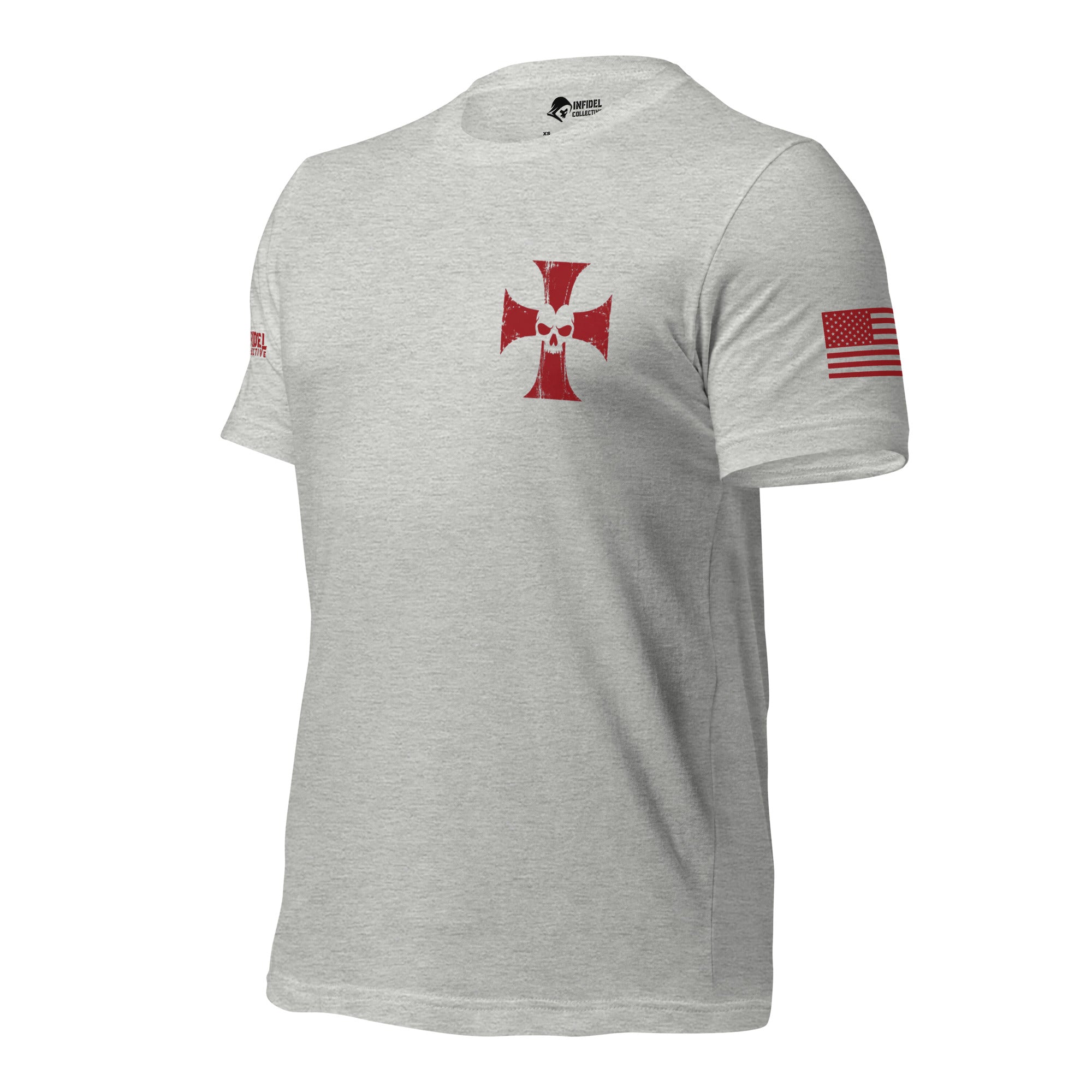 Left-front angled view of athletic heather gray tee with small red cross and skull chest print