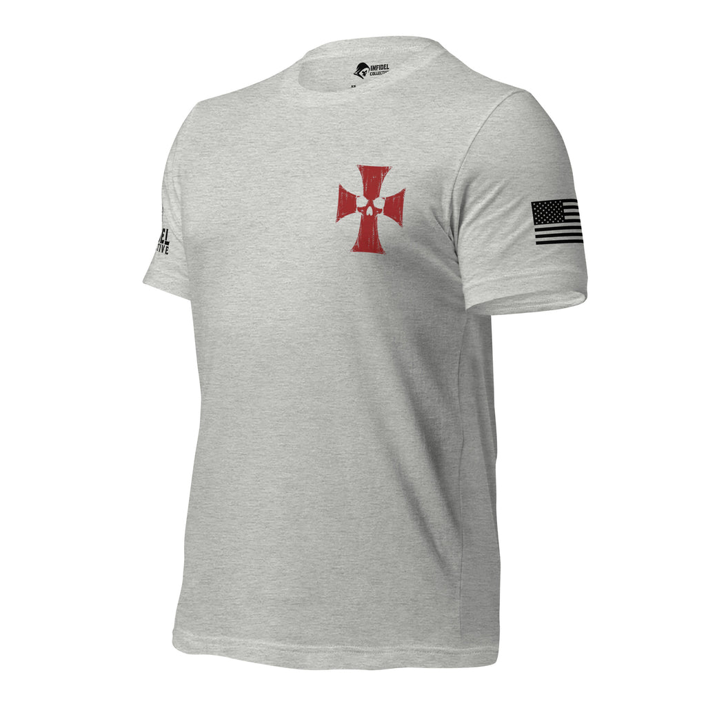 A light heather gray short-sleeve t-shirt with a red Maltese cross on the chest, a black-and-white American flag patch on the right sleeve, and a small black logo on the left sleeve, shown on a plain white background.