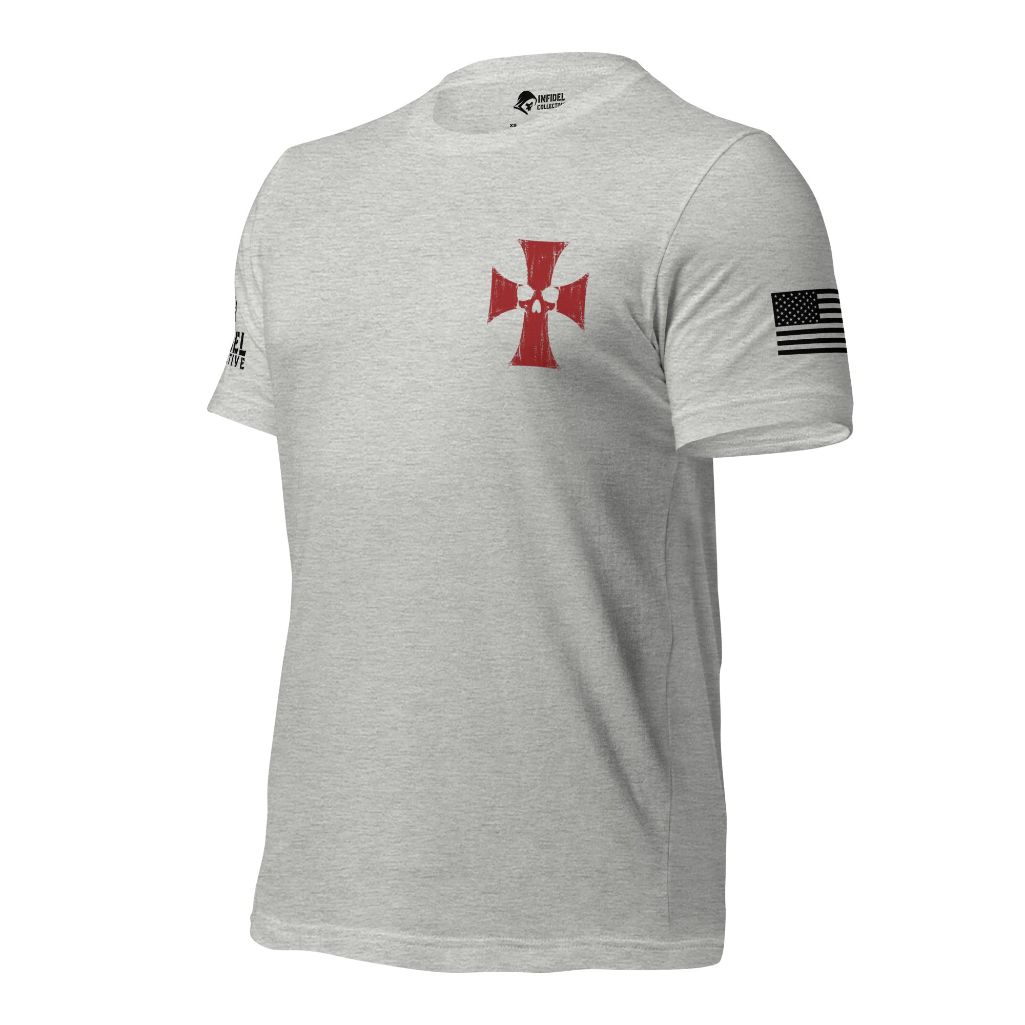 A light heather gray short-sleeve t-shirt with a red Maltese cross on the chest, a black-and-white American flag patch on the right sleeve, and a small black logo on the left sleeve, shown on a plain white background.