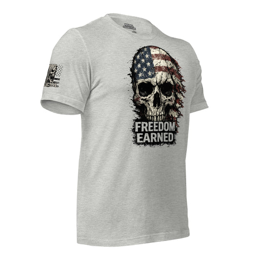 Gray t-shirt with a skull and American flag design on a white background