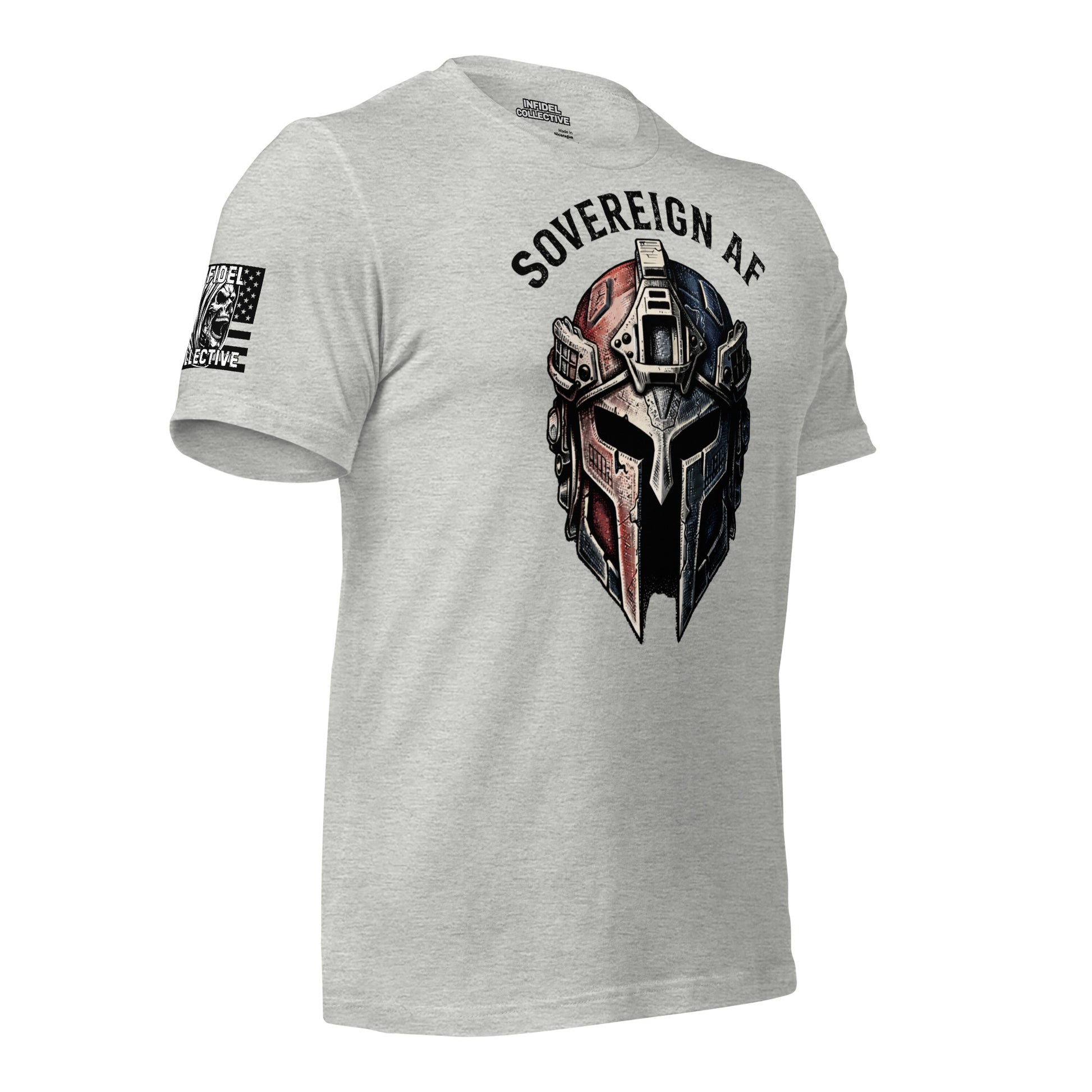 Ghosted mockup of Gray t-shirt with Spartan helmet graphic and 'Sovereign AF' text on a white background - side view.