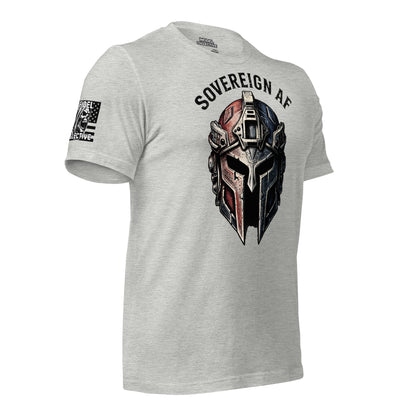 Ghosted mockup of Gray t-shirt with Spartan helmet graphic and 'Sovereign AF' text on a white background - side view.