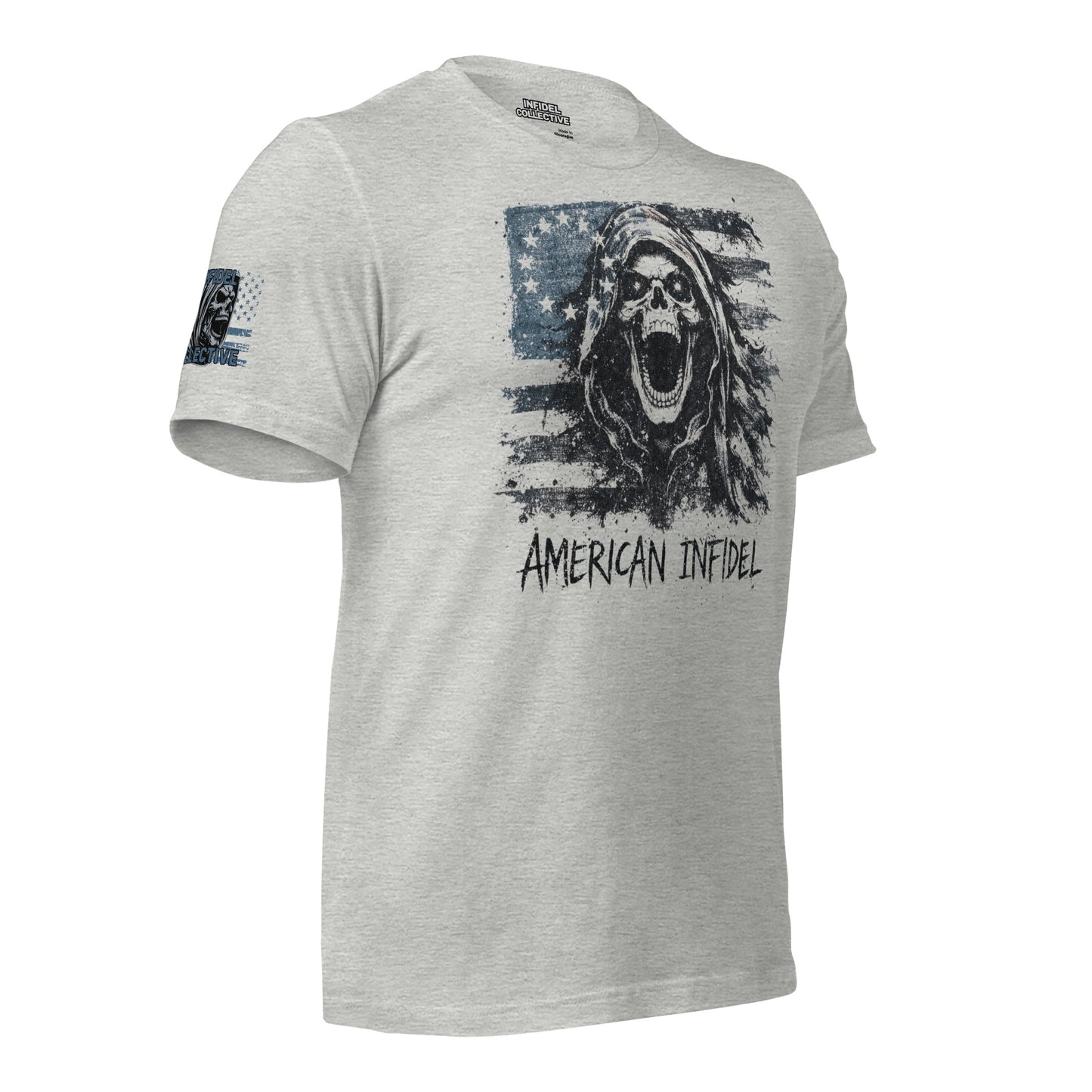 Gray t-shirt with graphic design and 'American Infidel' text on a white background