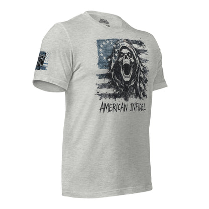 Gray t-shirt with graphic design and 'American Infidel' text on a white background
