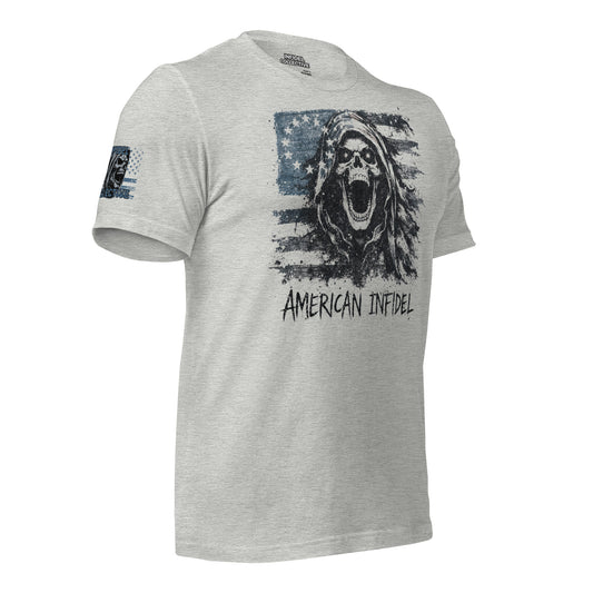 Gray t-shirt with graphic design and 'American Infidel' text on a white background