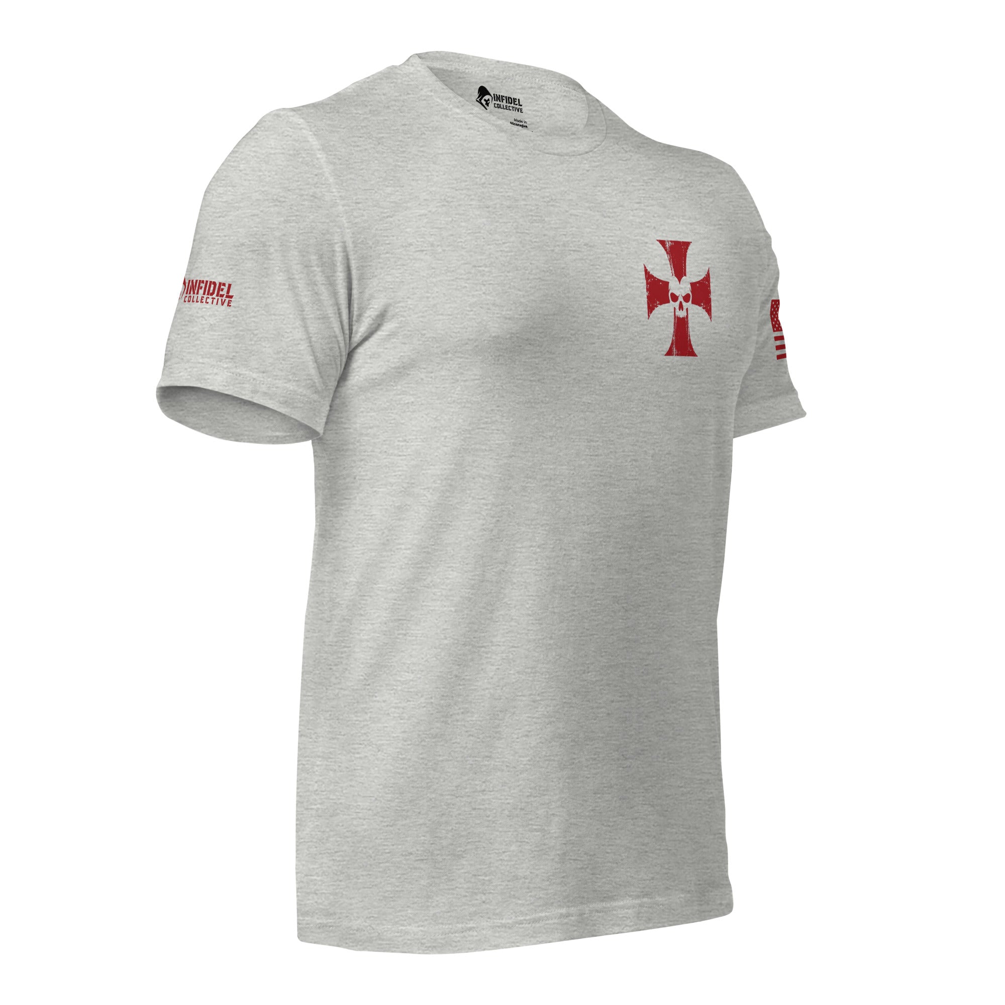 Right-front angled view of athletic heather gray tee with small red cross and skull chest print