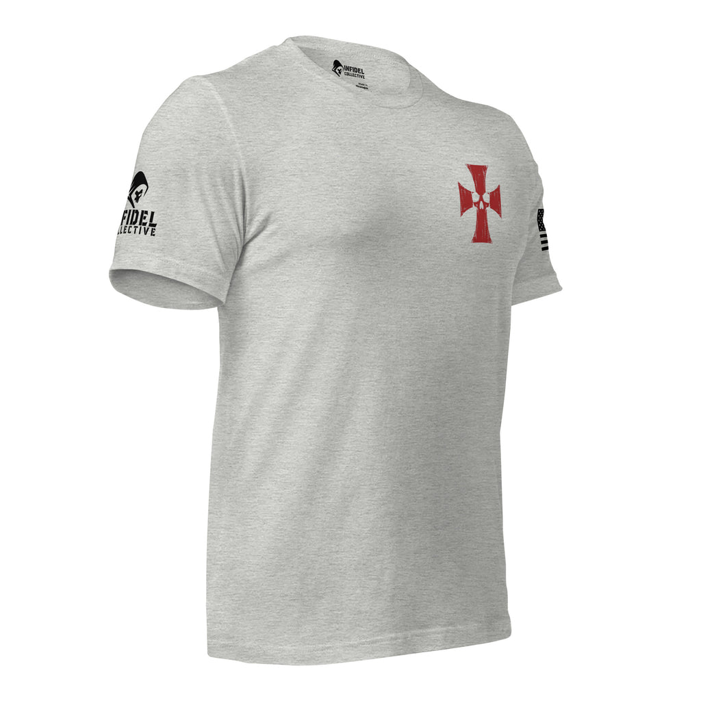 A light gray heather crewneck t-shirt with a red cross logo on the left chest, a black brand logo "INFIDEL COLLECTIVE" on the right sleeve, and a black graphic on the left sleeve, shown on a plain white background.
