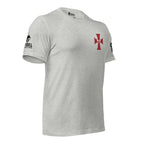A light gray heather crewneck t-shirt with a red cross logo on the left chest, a black brand logo "INFIDEL COLLECTIVE" on the right sleeve, and a black graphic on the left sleeve, shown on a plain white background.