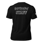 Black t-shirt with 'SHITSHOW STAFF' text on the back, displayed on a white background.