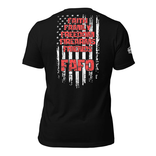 Black t-shirt with American flag design and text on a white background