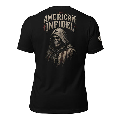 Back view of black tee featuring American Infidel hooded skull with cross