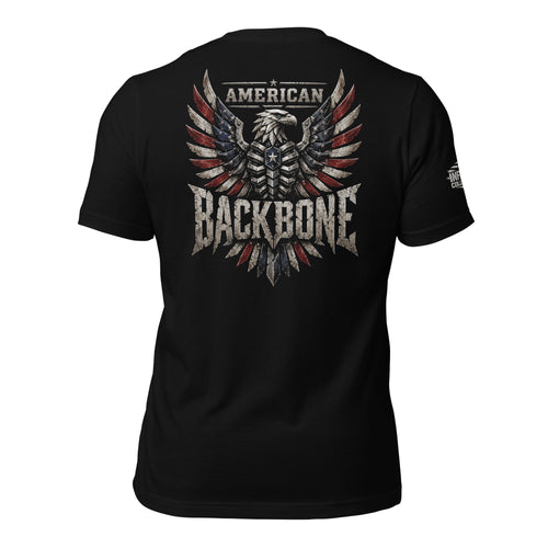 Back view of black tee featuring armored bald eagle with American flag wings and American Backbone text