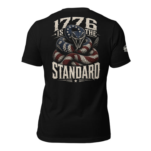 Back view of black tee featuring 1776 Is the Standard American flag rattlesnake design