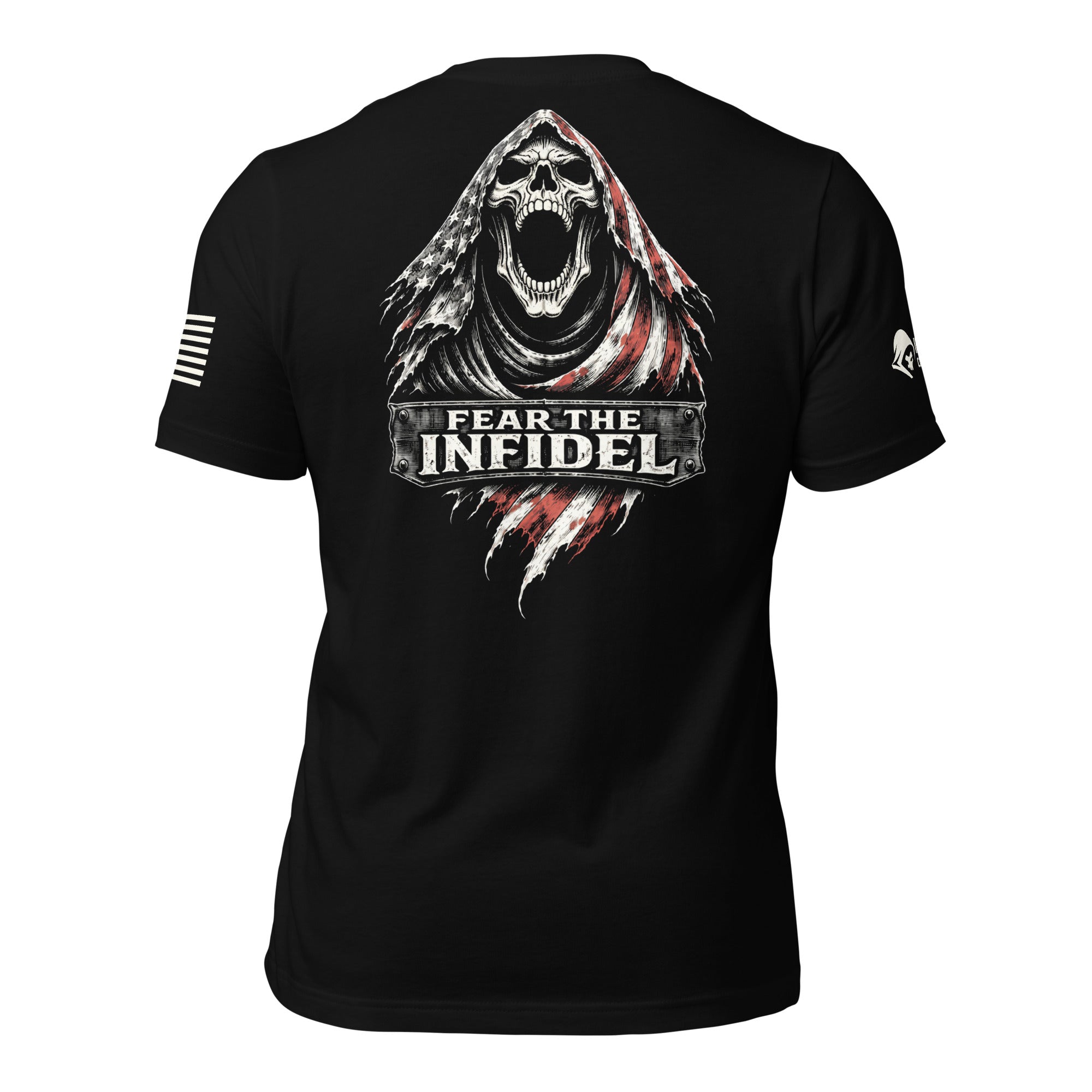 Back view of black tee with screaming hooded skull, red and white streaks, and “FEAR THE INFIDEL” design