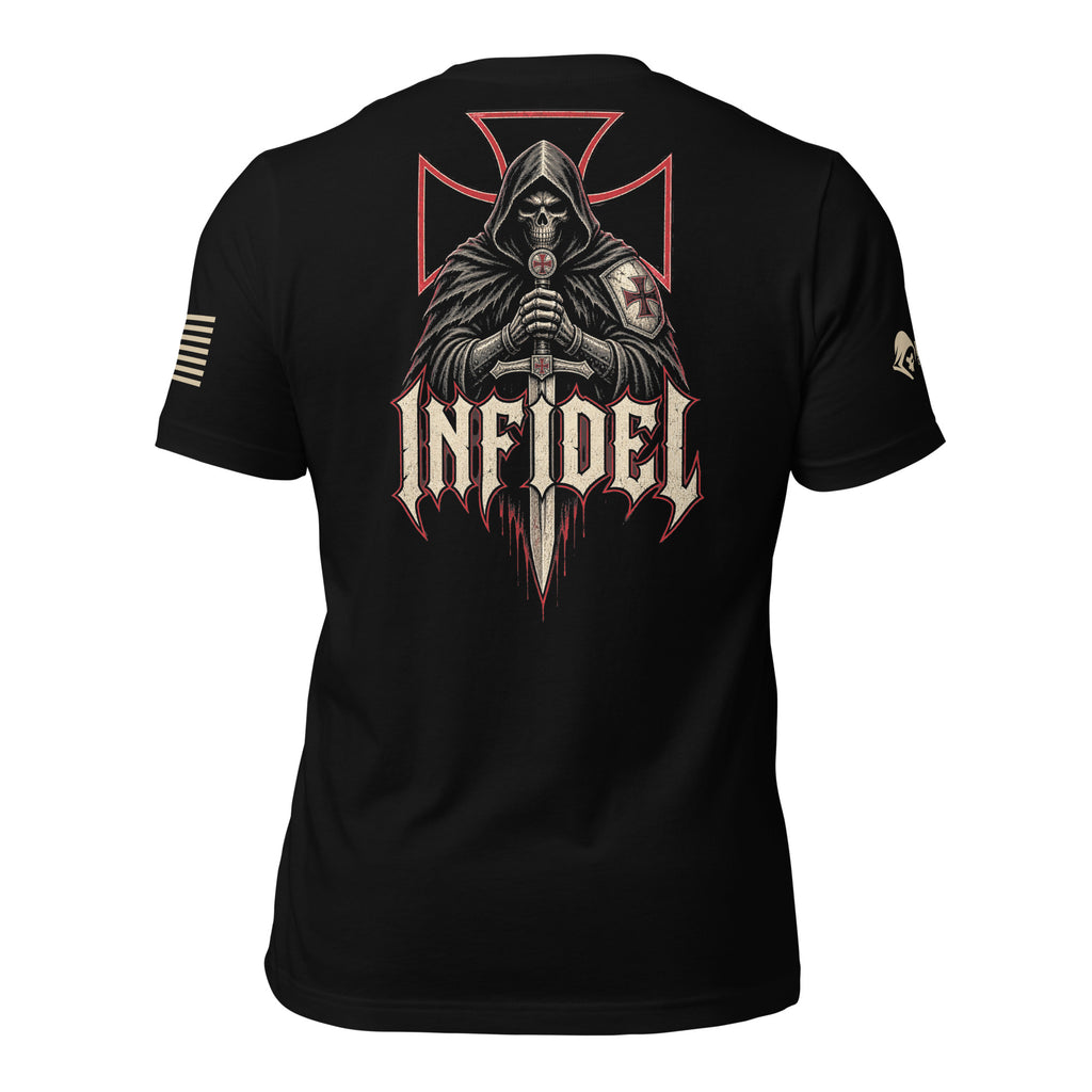 Back view of black tee with hooded knight gripping a sword, red cross, and “INFIDEL” graphic