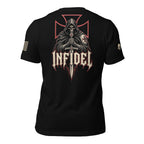 Back view of black tee with hooded knight gripping a sword, red cross, and “INFIDEL” graphic