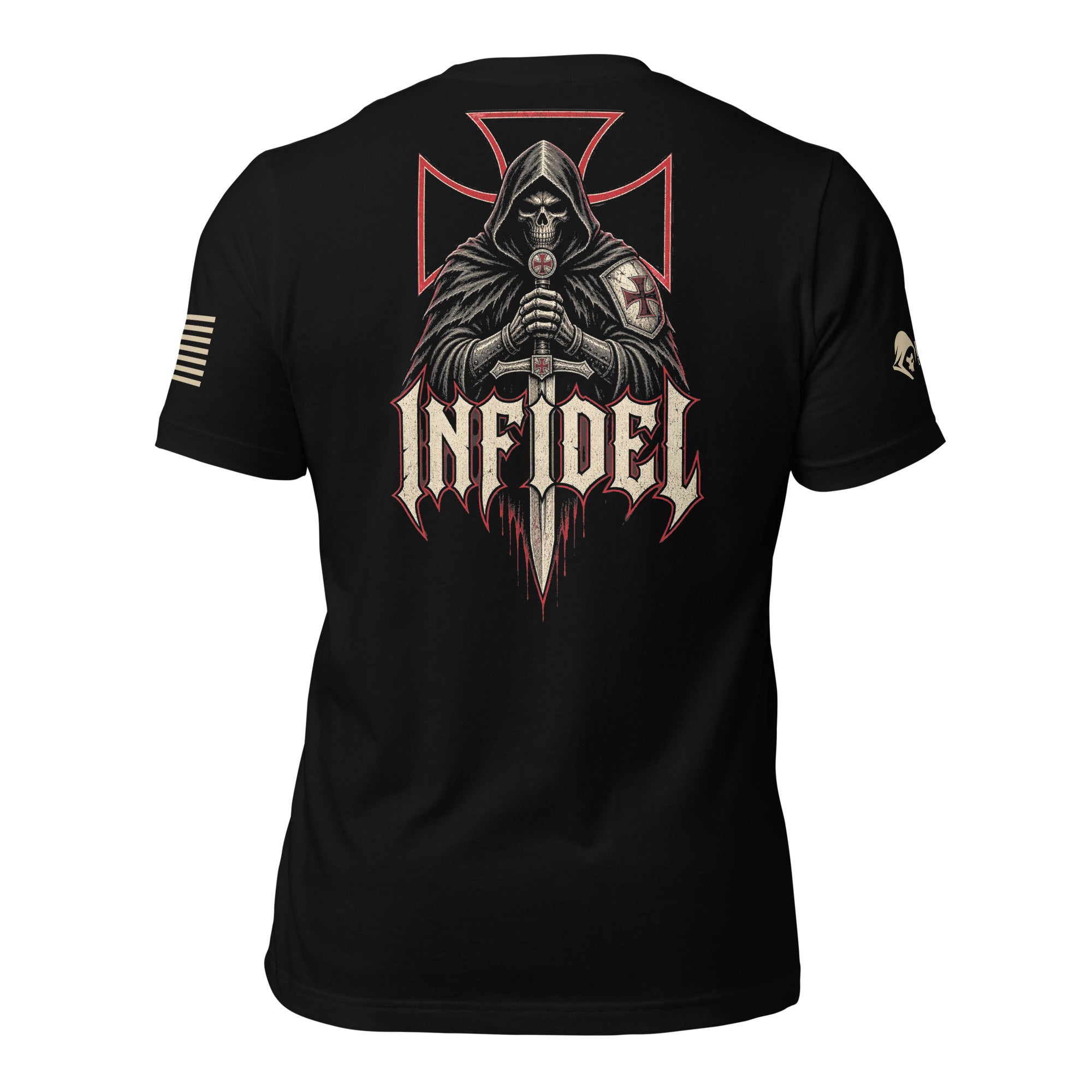 Back view of black tee with hooded knight gripping a sword, red cross, and “INFIDEL” graphic