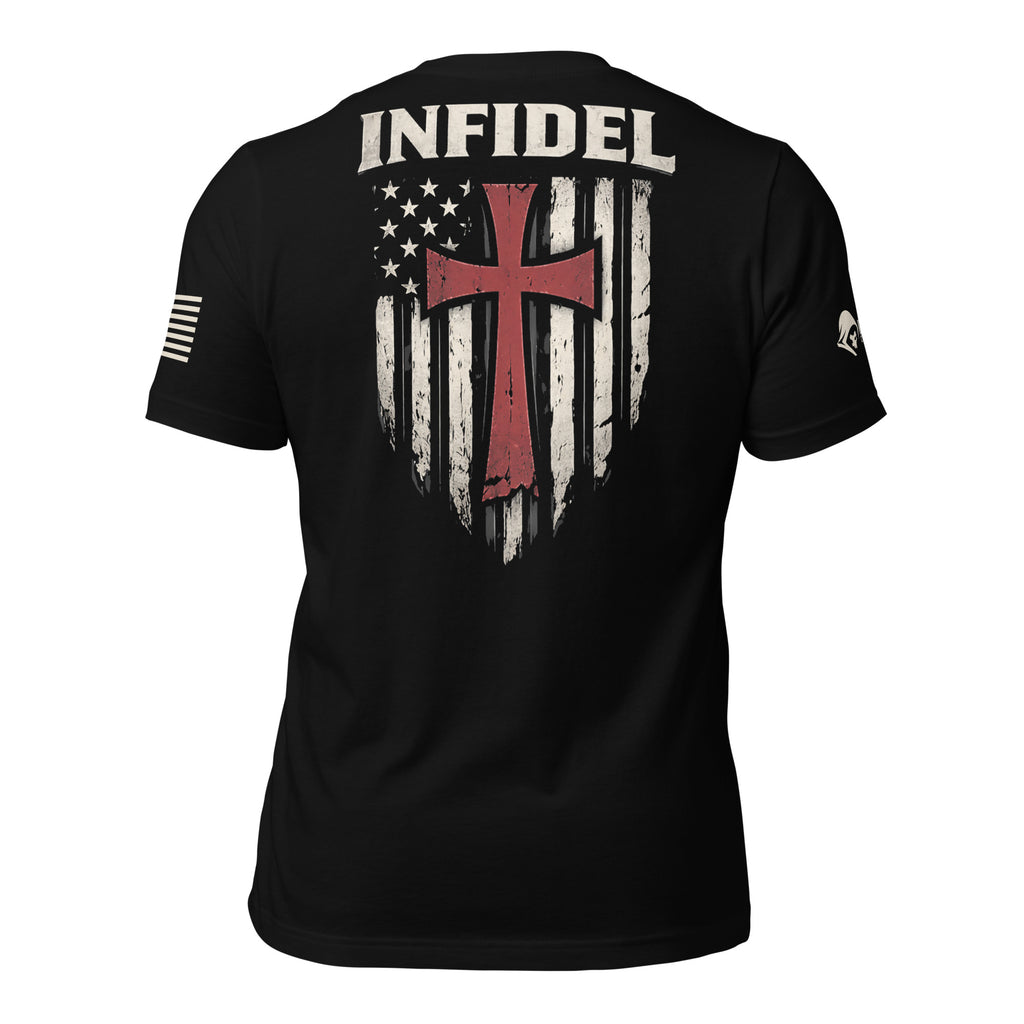 Back view of black tee with distressed American flag shield, red cross, and “INFIDEL” graphic