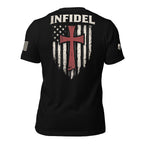 Back view of black tee with distressed American flag shield, red cross, and “INFIDEL” graphic