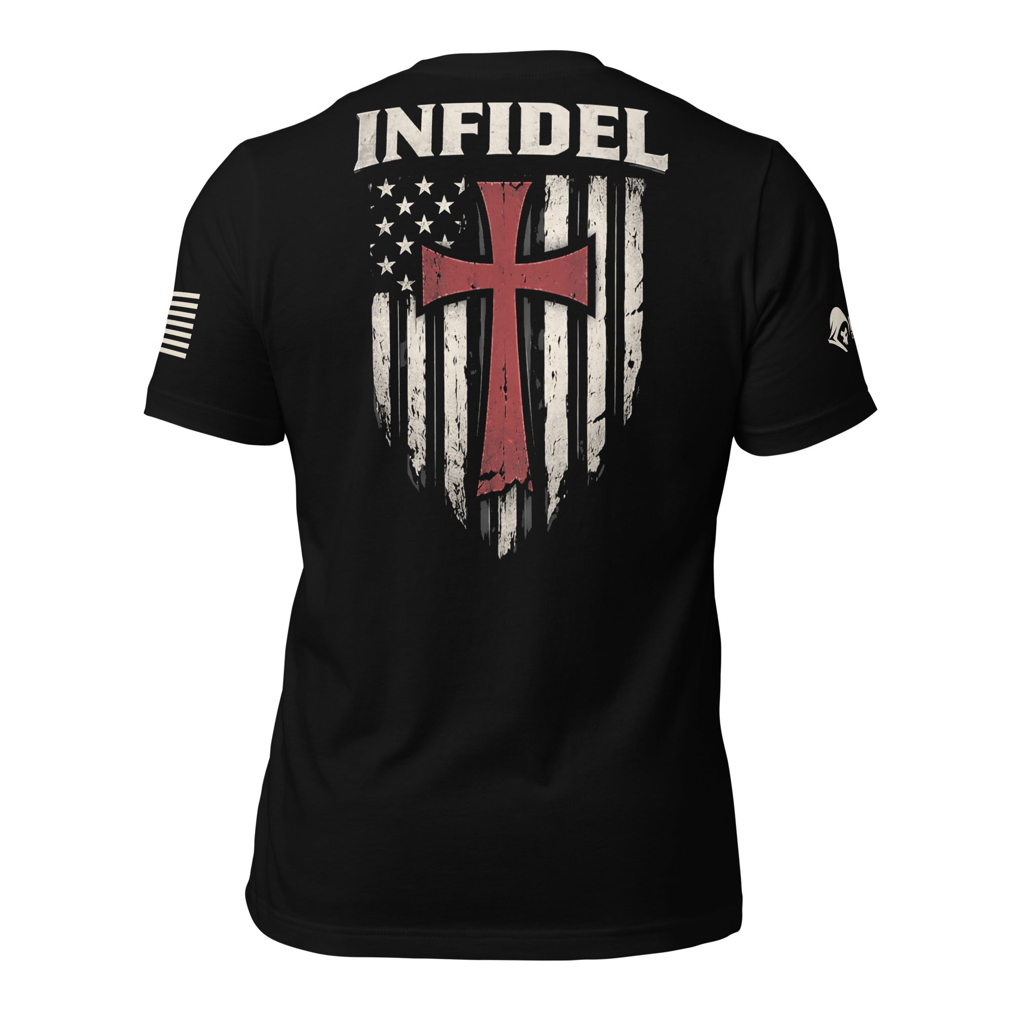 Back view of black tee with distressed American flag shield, red cross, and “INFIDEL” graphic
