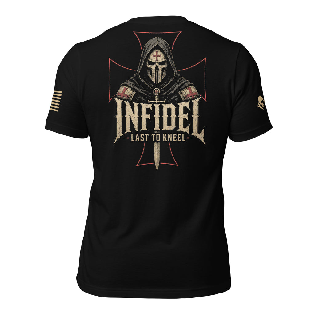 Back view of black tee with hooded crusader helmet, red cross, and “INFIDEL LAST TO KNEEL” design