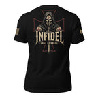 Back view of black tee with hooded crusader helmet, red cross, and “INFIDEL LAST TO KNEEL” design