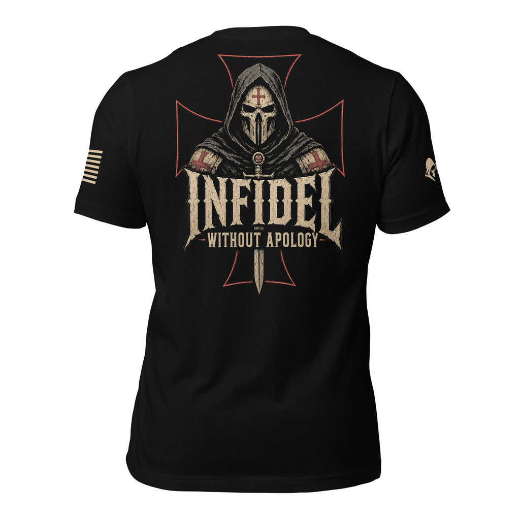 Back view of black tee with hooded death-mask crusader, red cross, and “INFIDEL WITHOUT APOLOGY” design