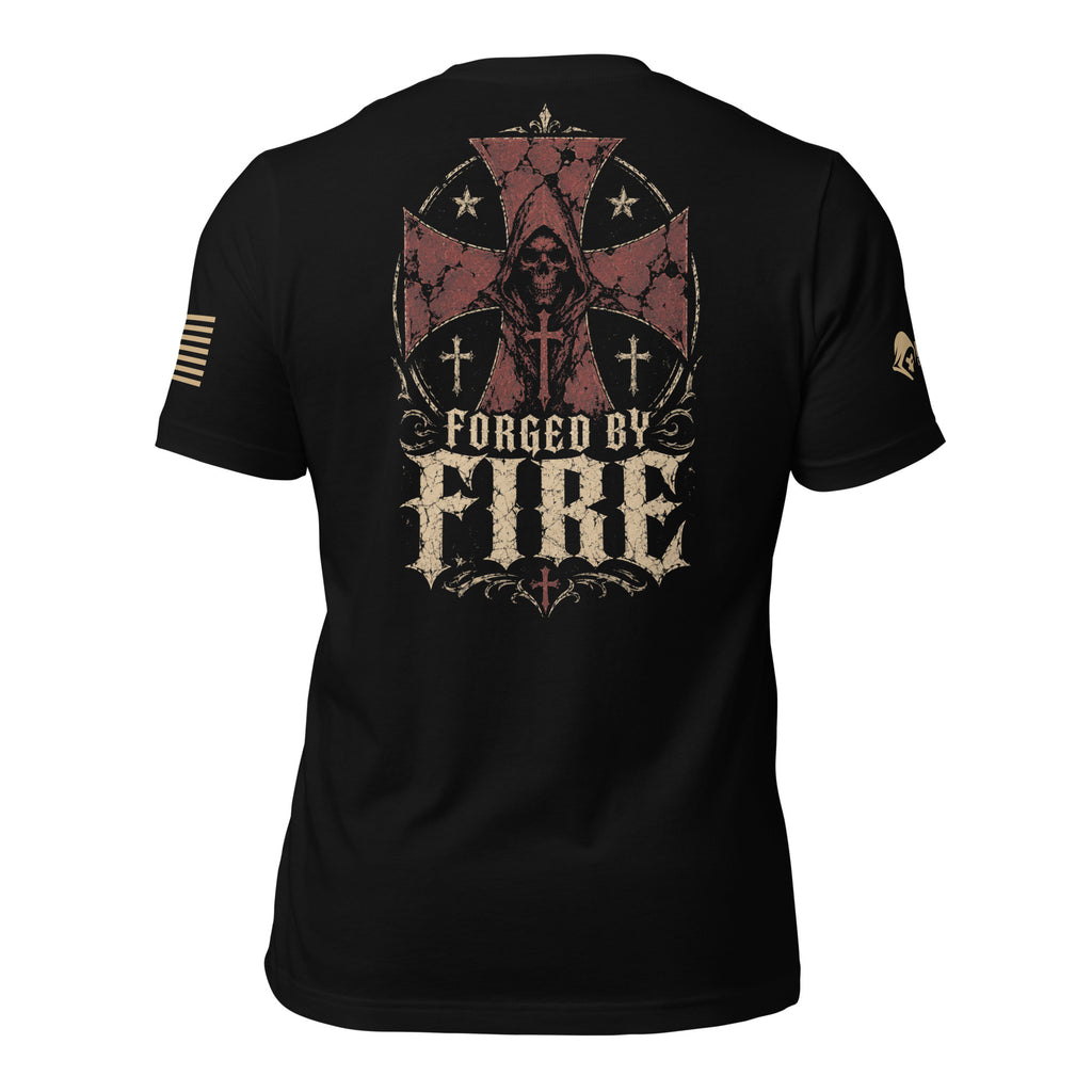 Back view of black tee with hooded figure, distressed red cross, and “FORGED BY FIRE” design