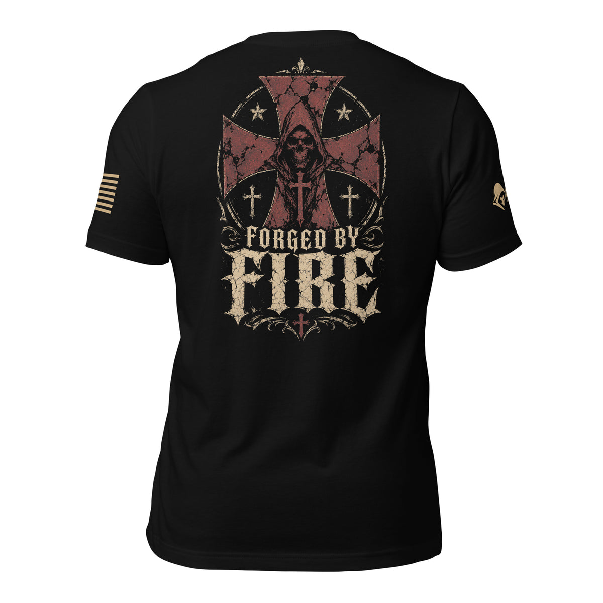 Back view of black tee with hooded figure, distressed red cross, and “FORGED BY FIRE” design