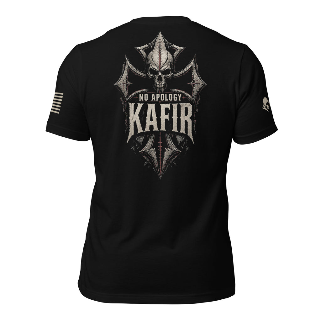 Back view of black tee with skull, pointed cross, and “NO APOLOGY KAFIR” design