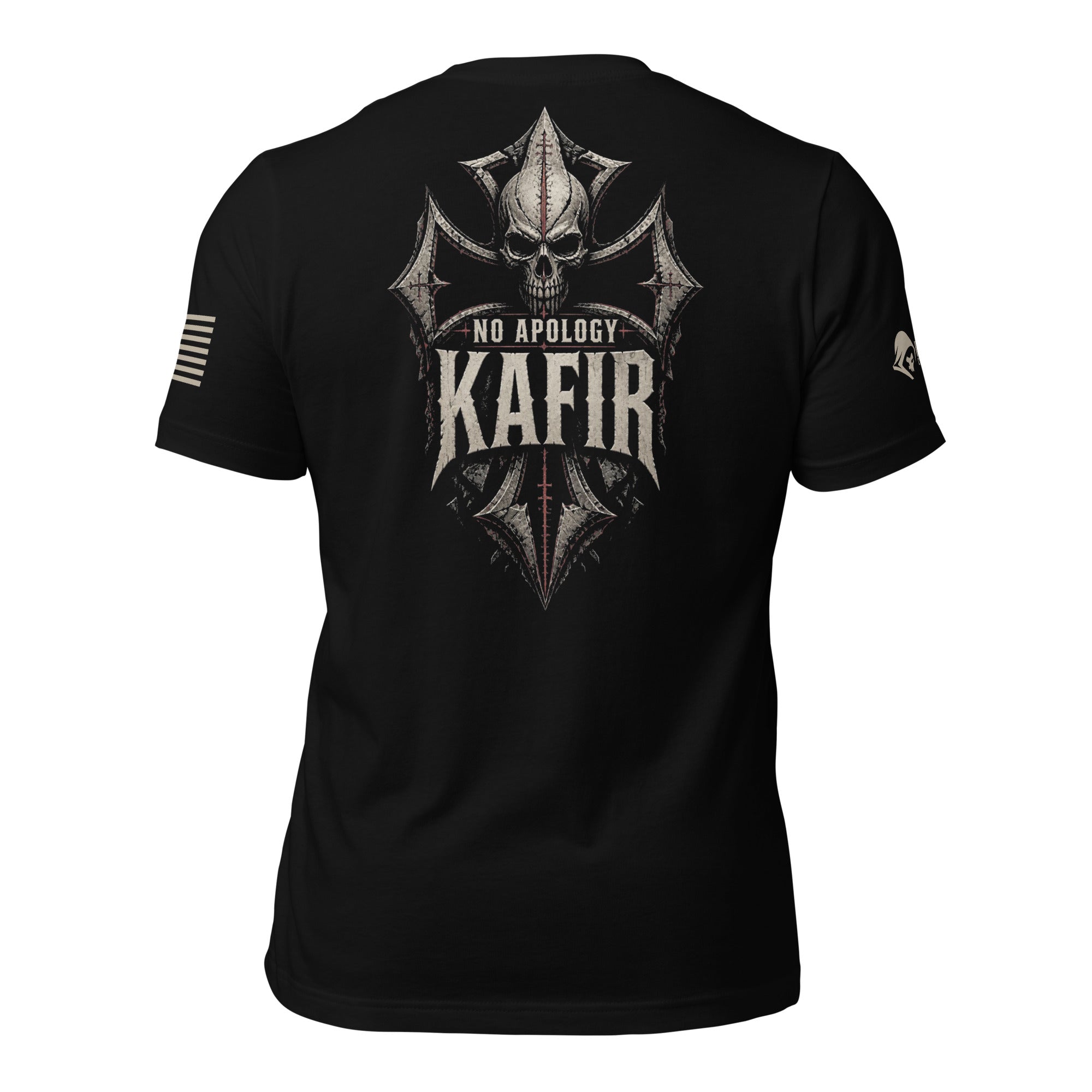Back view of black tee with skull, pointed cross, and “NO APOLOGY KAFIR” design