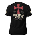 Back view of black tee with red cross, skull, scripture text, “AMERICAN INFIDEL,” and “DEUS VULT”