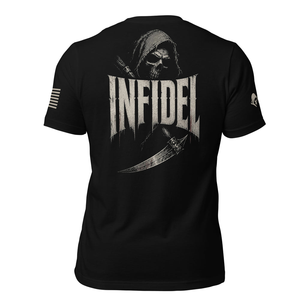 Back view of black tee with hooded reaper, scythe, and large “INFIDEL” graphic